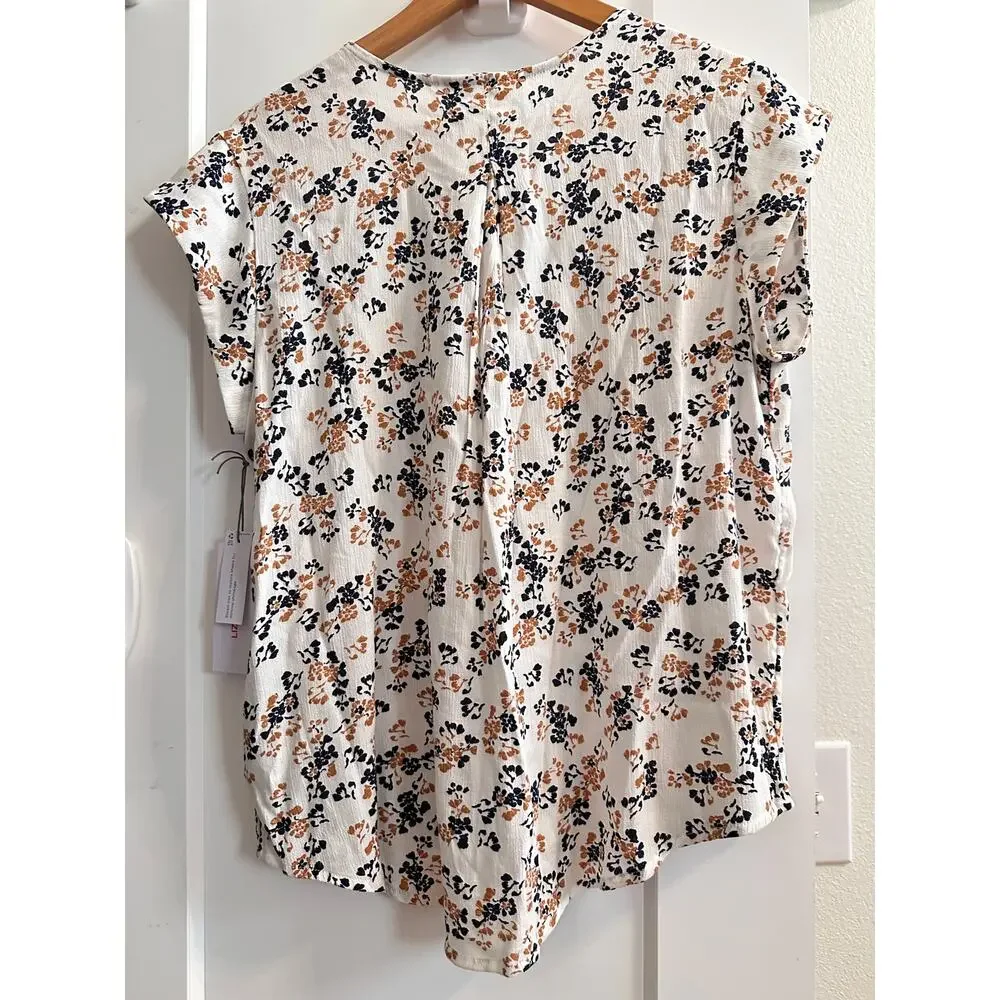 Liz Claiborne Petite Lrg Floral Blouse Cream Tan Navy Abstract‎ Print Cap Sleeve - Picture 4 of 8